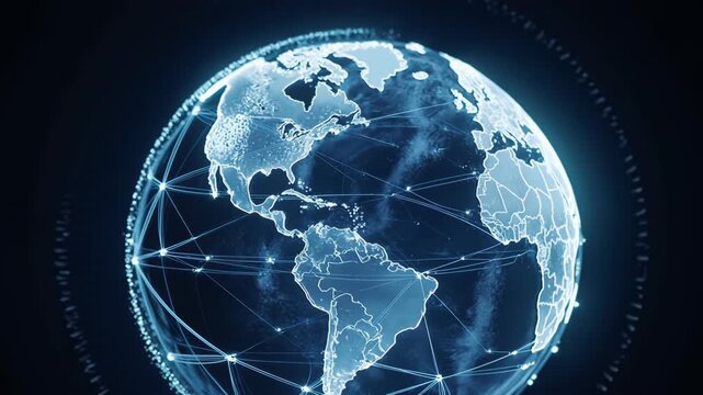 Global digital network: world map, cyber sphere, telecommunication link, data planet, connect node, technology system, future communication, abstract intelligence.