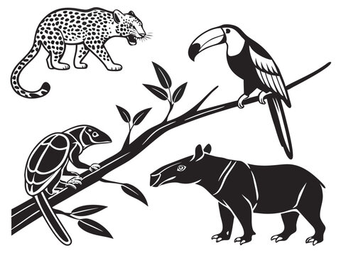 Jaguar, tree frog, macaw, and tapir illustrated in bold black minimalist vector style, pure white background, four distinct poses, balanced composition, crisp clean paths and neatly separated editable