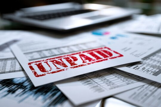 Documents marked unpaid with financial charts and calculator in background representing overdue bills and pending payments in business settings