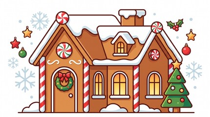 Naklejka premium Gingerbread cottage features detailed icing patterns and holiday ornaments for a festive display.