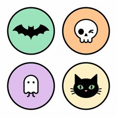 Obraz premium Halloween icons featuring a bat, skull, ghost, and cat are displayed within four colorful circles.