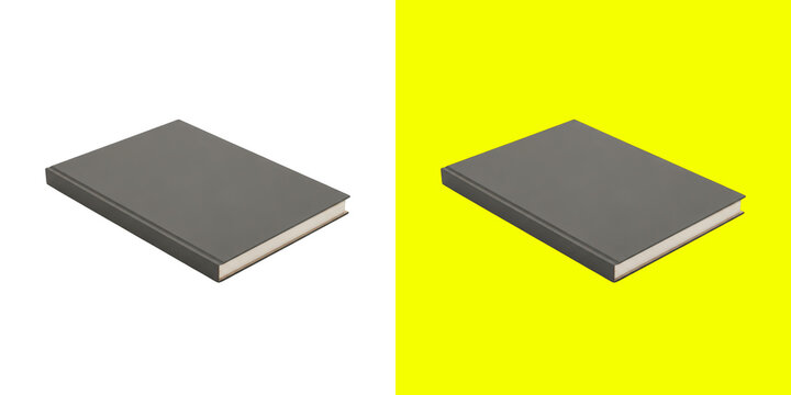 A single closed grey book with a plain cover shown in a simple isometric pixel art style design on two different colors