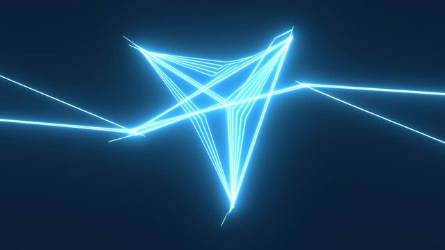 Slow motion tracking shot of neon light lines forming converging triangular geometry in dark space studio background