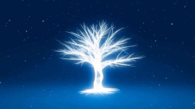 Time lapse static shot of glowing tree sprouting and growing on blue abstract background with falling particles