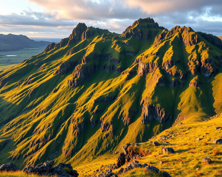 Cha&icirc;ne de collines montagneuses aux couleurs vertes et dor&eacute;es sous un ciel cr&eacute;pusculaire rosat&eacute; offrant un paysage naturel apaisant et pittoresque