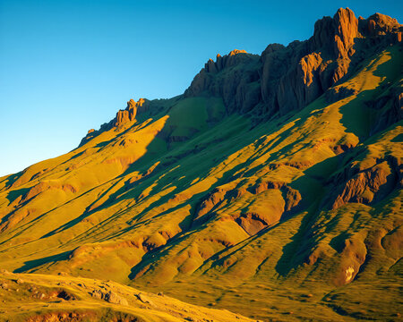 Cha&icirc;ne de montagnes escarp&eacute;es aux teintes orang&eacute;es et vertes illumin&eacute;es par la lumi&egrave;re du matin sous un ciel bleu limpide et d&eacute;gag&eacute;