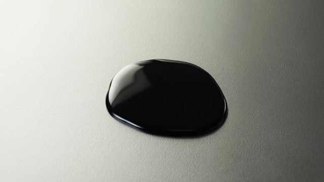 Slow motion close up of black liquid drop forming glossy puddle on textured tabletop surface in studio lighting