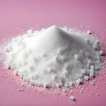 White granulated sugar and sugar cubes piled on a pink background, sweet food ingredient for cooking and baking
