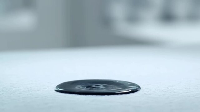 Slow motion close up of black liquid droplet impacting textured paper surface on tabletop in studio forming crown splash and puddle
