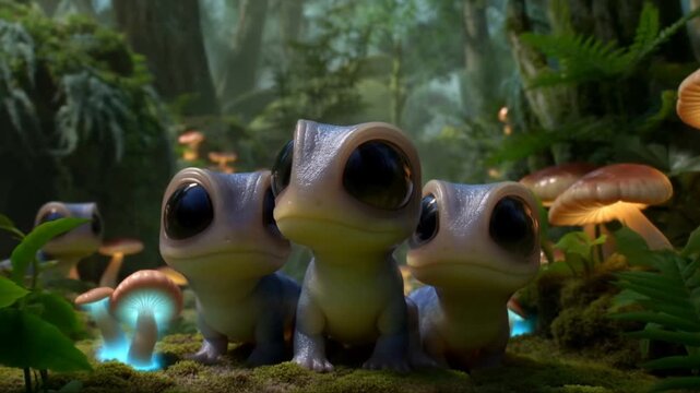 Slow dolly in close up of three juvenile frogs grouped on mossy forest floor with glowing bioluminescent mushrooms in dense woodland undergrowth