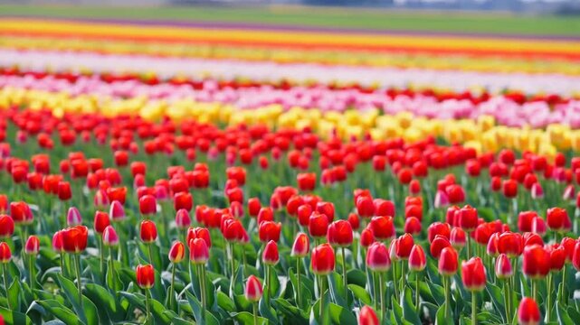 Static panoramic slow motion pan of tulip field swaying in rows of red and yellow flowers across dutch countryside meadow at daytime spring