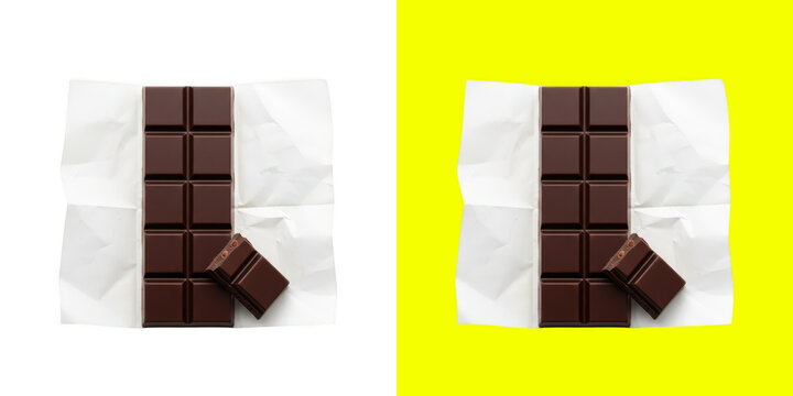 Dark chocolate bar broken into pieces on a white paper wrapper for a delicious sweet dessert treat and unhealthy snack food