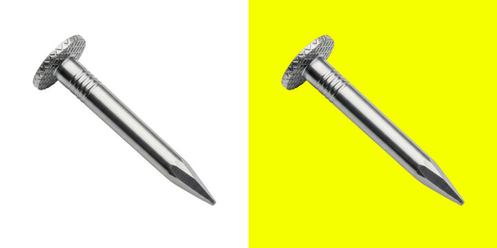 A single silver metal nail isolated for construction and home improvement projects showing sharp point and flat head top