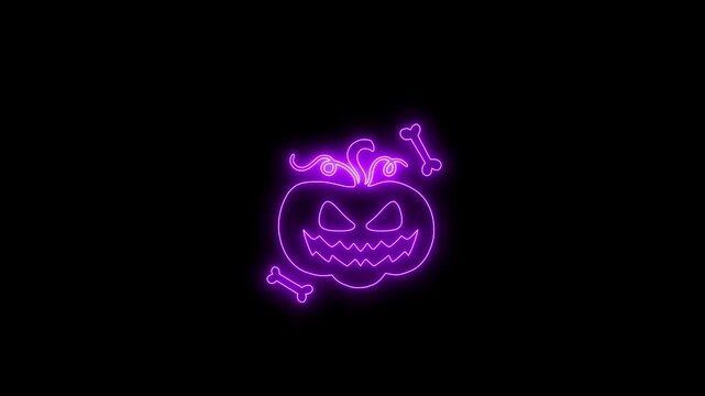 Glowing Purple Neon Halloween Pumpkin Face Animation on Black Background 4K