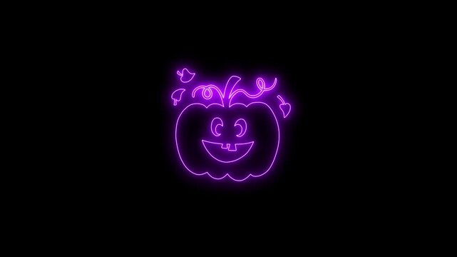 Glowing Purple Neon Halloween Pumpkin Face Animation on Black Background 4K