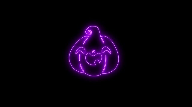 Glowing Purple Neon Halloween Pumpkin Face Animation on Black Background 4K
