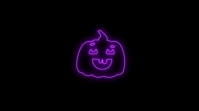 Glowing Purple Neon Halloween Pumpkin Face Animation on Black Background 4K