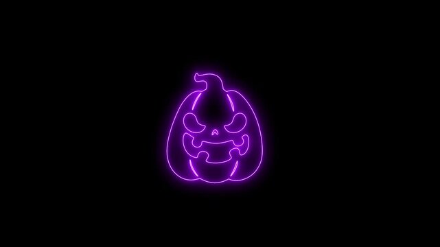 Glowing Purple Neon Halloween Pumpkin Face Animation on Black Background 4K