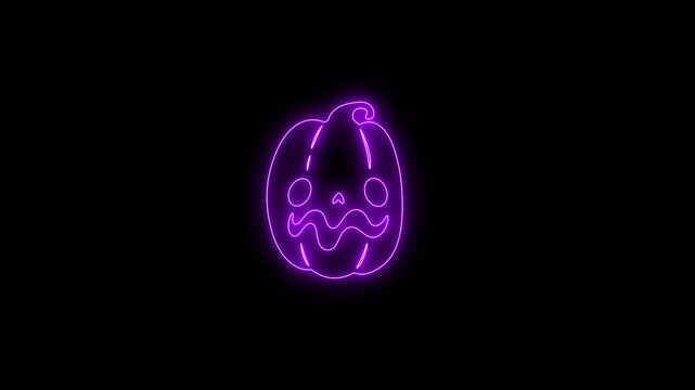 Glowing Purple Neon Halloween Pumpkin Face Animation on Black Background 4K