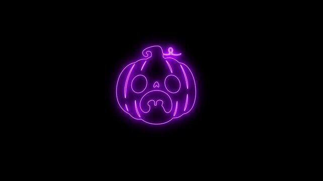 Glowing Purple Neon Halloween Pumpkin Face Animation on Black Background 4K