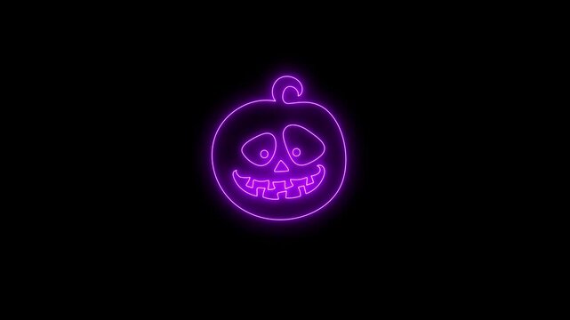 Glowing Purple Neon Halloween Pumpkin Face Animation on Black Background 4K