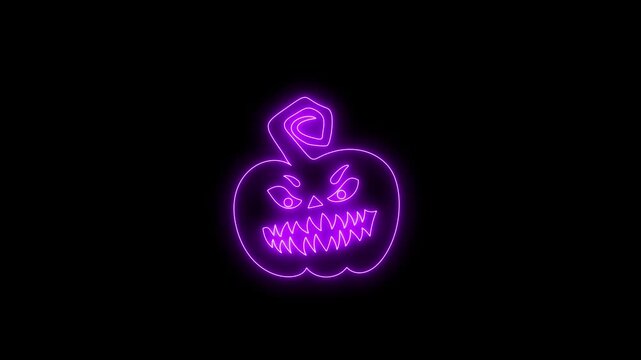 Glowing Purple Neon Halloween Pumpkin Face Animation on Black Background 4K