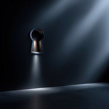 Mysterious glowing keyhole carved into dark wall illuminated by focused beams of light in an empty, dimly lit room symbolizing secrets and discovery