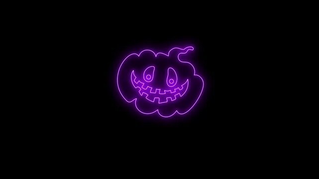 Glowing Purple Neon Halloween Pumpkin Face Animation on Black Background 4K
