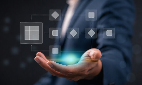 Business process and Automate workflows with flowcharts Business process management, business hierarchy The relationship of positional order and algorithm with a flowchart on a computer screen