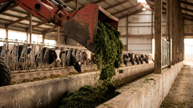 Tractor loader pouring fresh forage into feeding troughs for dairy cows inside a barn with visible livestock and agricultural equipment in the background