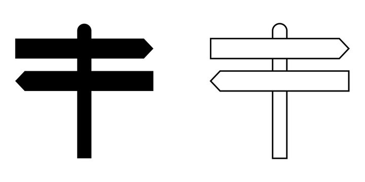 Two wooden signpost icons with arrows showing opposite directions in solid black and outline style