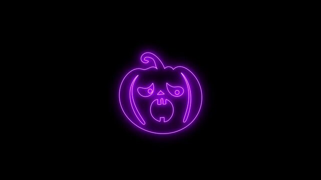 Glowing Purple Neon Halloween Pumpkin Face Animation on Black Background 4K