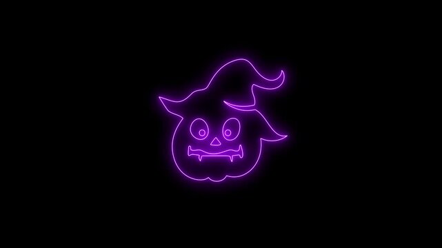Glowing Purple Neon Halloween Pumpkin Face Animation on Black Background 4K