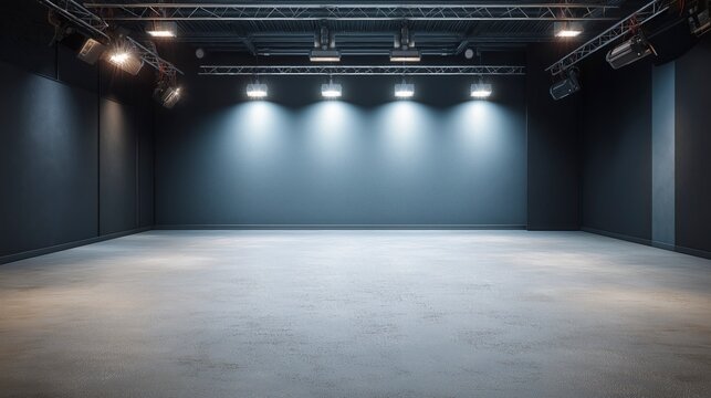 An empty photographic studio with black walls, a gray floor, and professional bank lights provides a clean panoramic environment ideal for photography, filming, and HDRI lighting.