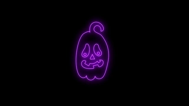 Glowing Purple Neon Halloween Pumpkin Face Animation on Black Background 4K
