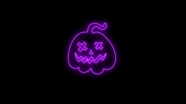 Glowing Purple Neon Halloween Pumpkin Face Animation on Black Background 4K