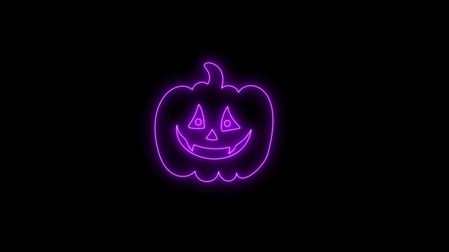 Glowing Purple Neon Halloween Pumpkin Face Animation on Black Background 4K