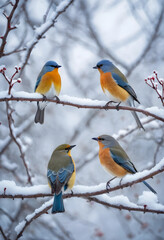 Fototapeta premium Four colorful birds perched on snow-covered branches in a winter forest scene, Nature and wildlife