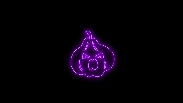 Glowing Purple Neon Halloween Pumpkin Face Animation on Black Background 4K