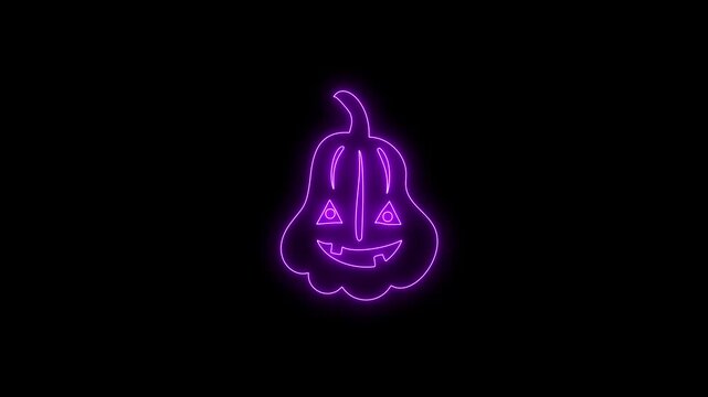 Glowing Purple Neon Halloween Pumpkin Face Animation on Black Background 4K