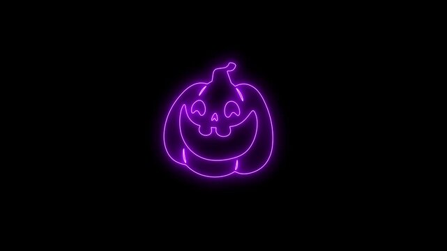 Glowing Purple Neon Halloween Pumpkin Face Animation on Black Background 4K