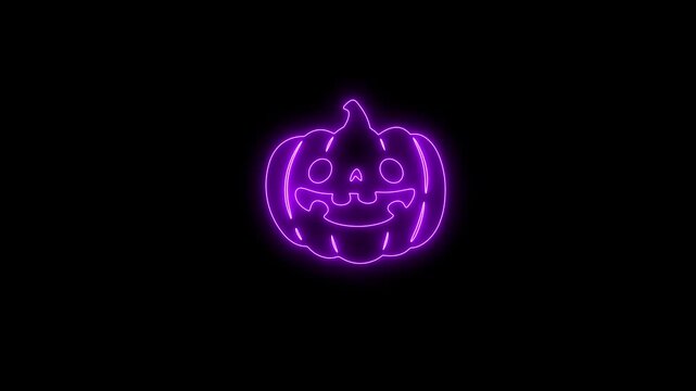 Glowing Purple Neon Halloween Pumpkin Face Animation on Black Background 4K
