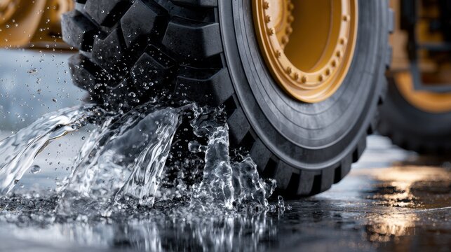 Large heavy-duty vehicle tire splashing water dramatically on wet surface during outdoor work on rainy day with industrial background