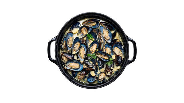 Mussels in garlic white wine sauce, cooked seafood in black pan, steamed blue mussels, gourmet seafood dish, mussels pot, shellfish, restaurant meal, delicious seafood dinner, healthy food.