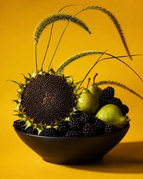 Black bowl filled with blackberries, pears, a dried sunflower head, and grass on a yellow background