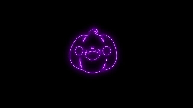 Glowing Purple Neon Halloween Pumpkin Face Animation on Black Background 4K