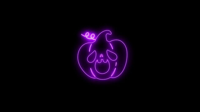 Glowing Purple Neon Halloween Pumpkin Face Animation on Black Background 4K