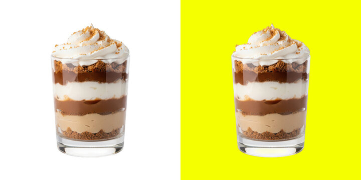 Delicious chocolate mousse layered dessert in a glass with whipped cream topping and crunchy nuts for a sweet treat