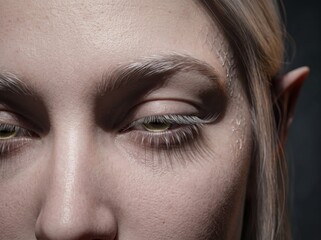 Fototapeta premium extreme close-up of elf eyes with white lashes and pointed ear, fantasy character macro portrait