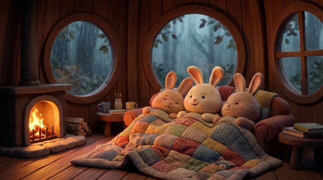 Three Little Bunny Siblings Cozy by the Fireplace on a Rainy Bedtime Evening